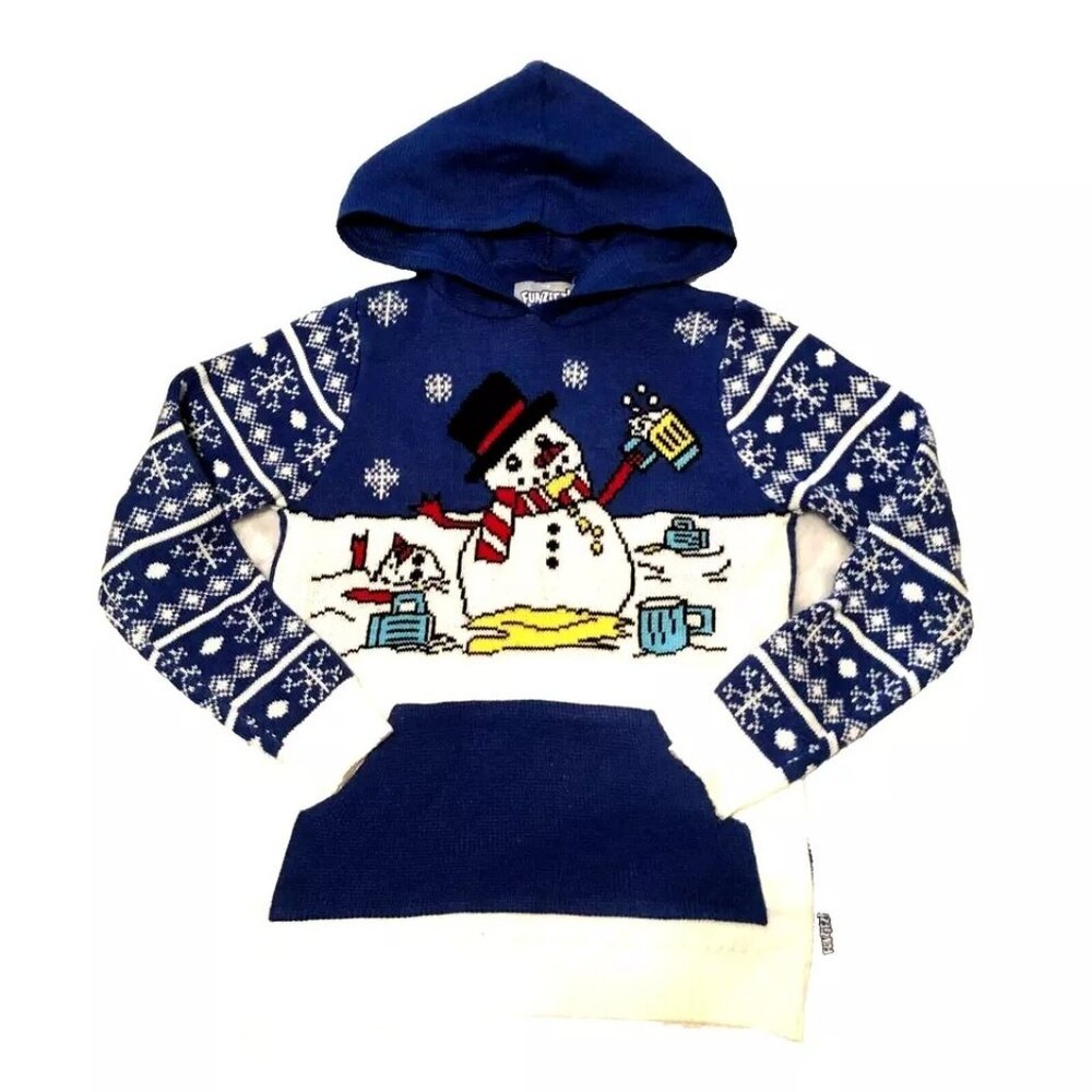 Funziez Ugly Christmas Hooded Sweater Sz S Drunk Snowman Blue White Winter Women
